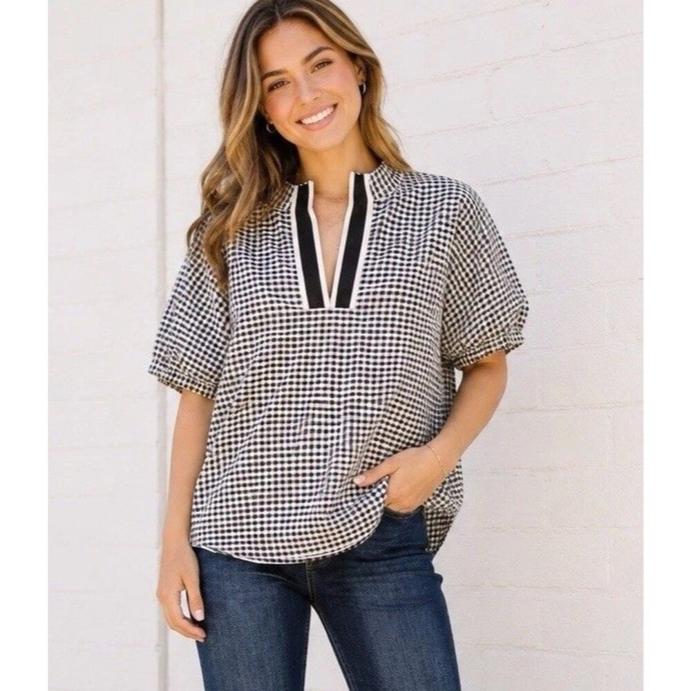 Bessie Gingam Top By Entro Oversized Top Boho Sz Small Preppy Puff Sleeves